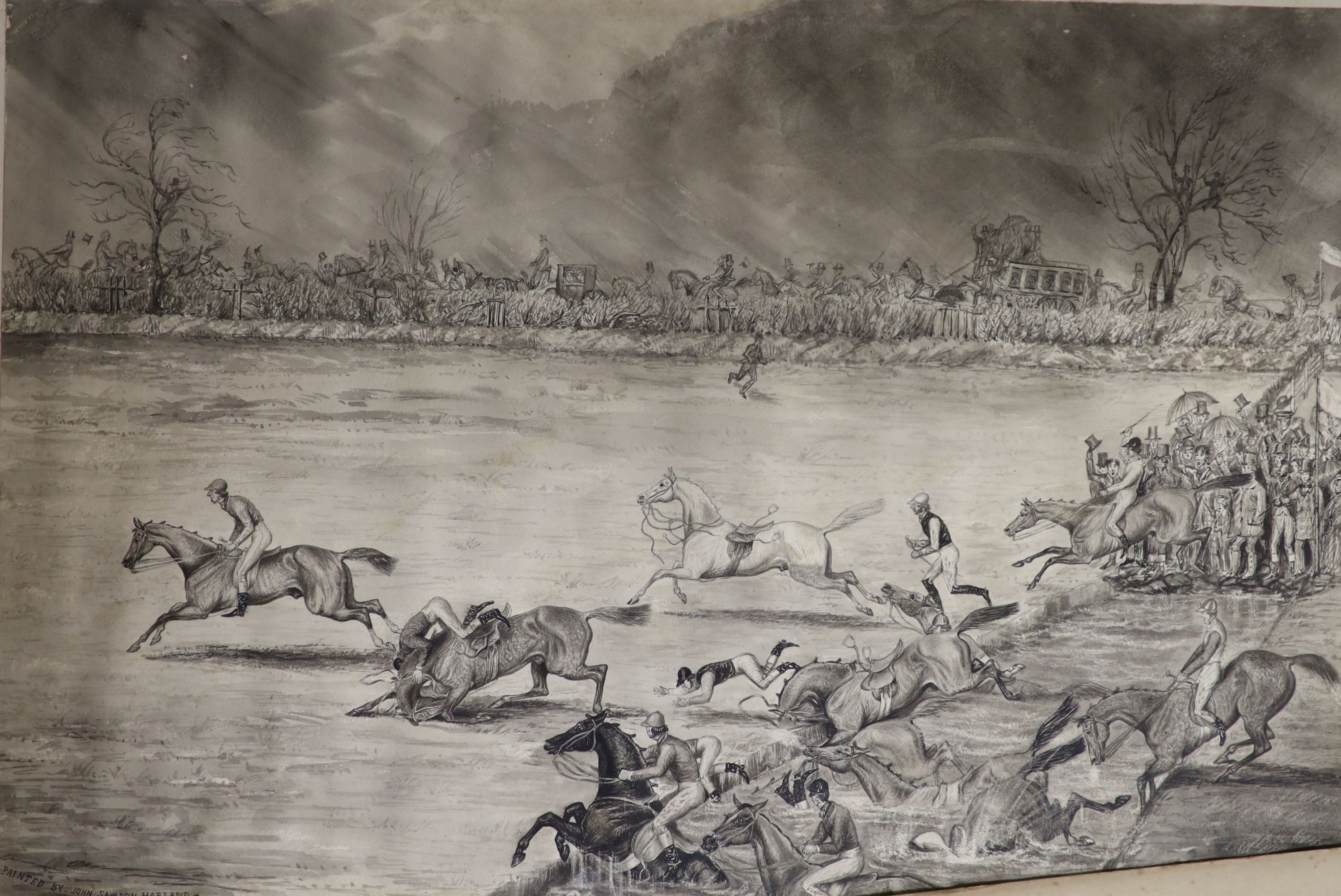 John Sturgess (1839-1903), pen and ink, Coaches at Crystal Palace, signed, 25 x 39cm, a watercolour steeplechasing scene and a torn ink study of a church, all unframed